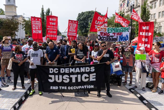 Demonstrators rally in Washington DC on anniversary of National Guard deployment WASHINGTON, D.C., UNITED STATES – AUGUST 11: Demonstrators rally during a Free DC protest in Washington, D.C., on August 11, 2026, marking one year since U.S. President Donald Trump deployed members of the National Guard into the city. Mehmet Eser Anadolu Washington United States. Editorial use only. Please get in touch for any other usage.  Copyright: x2026xAnadoluxMehmetxEserx