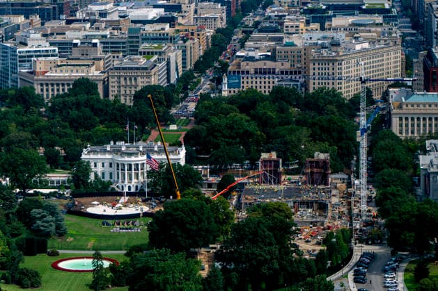 Construction continues on a new helipad on the South Lawn of the White House and the East Wing ballroom in Washington, DC on Tuesday, August 11, 2026. President Donald Trump says he will appeal to the Supreme Court after a federal appeals court ruled that congressional approval is required to build the $400 million ballroom.  WAP2026081126372 BONNIExCASH