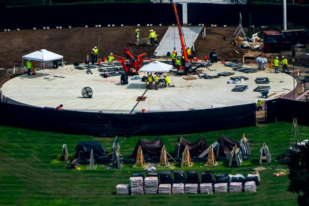 Construction continues on a new helipad on the South Lawn of the White House in Washington, DC on Tuesday, August 11, 2026. President Donald Trump says he will appeal to the Supreme Court after a federal appeals court ruled that congressional approval is required to build the $400 million ballroom.  WAP2026081126378 BONNIExCASH