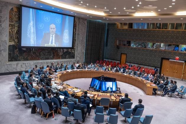 August 11, 2026, New York, New York, USA: General view of monthly Security Council Meeting on The situation in the Middle East, including the Palestinian question as Ramiz Alakbarov, Deputy Special Coordinator for the Middle East Peace Process, United Nations Resident and Humanitarian Coordinatorat joins virtually at UN Headquarters in New York, NY on August 11, 2026. New York USA - ZUMAr339 20260811_znp_r339_054 Copyright: xLevxRadinx