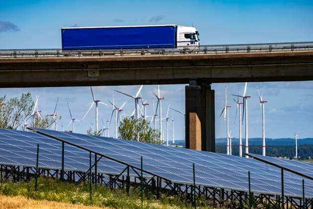 A44 Highway, Ottensgrund Viaduct east of the Wünnenberg-Haaren Interchange, near the Haaren district, solar park, photovoltaic park, wind farms between Paderborn and Lichtenau, truck traffic, North Rhine-Westphalia, Germany, wind farm on the highway