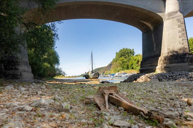 Niedrigwasser am Rhein: Aalschokker Aranka im trockengefallenen Nebenarm bei Insel Grafenwerth - 11.08.26. Niedrigwasser am Rhein: Bei einem Pegelstand von -3 cm am Pegel Oberwinter und 70 cm am Pegel Bonn neue Tiefstwerte liegt der Nebenarm an der Nordspitze der Insel Grafenwerth in Bad Honnef weitgehend trocken. Der historische Aalschokker Aranka liegt auf dem Trockenen, im Hintergrund die Grafenwerther Brücke und der Drachenfels. Die Rheinschifffahrt ist weiterhin stark eingeschränkt. Bad Honnef Insel Grafenwerth Nordrhein-Westfalen Deutschland *** Low Water on the Rhine: The Aalschokker Aranka in the dried-up side channel near Grafenwerth Island, August 11, 2026. Low Water on the Rhine: With water levels at 3 cm at the Oberwin Copyright: xMarcxJohnx