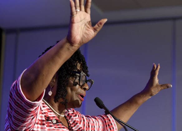 August 11, 2026, Milwaukee, Wisconsin, USA: CONG. GWEN MOORE (D-Wis) tells supporters of Democratic gubernatorial candidate David Crowley that it is time to go home because the race is too close to call and a tabulating error is delaying results, near Midnight Tuesday night August 11, 2026 at the Hyatt Regency hotel in downtown Milwaukee. Crowley did not appear to talk to his supporters. The race against Francesca Hong was still very close when it was announced that human error caused a delay in counting absentee ballots from Milwaukee. Milwaukee USA - ZUMAh154 20260811_znp_h154_043 Copyright: xMarkxHertzbergx