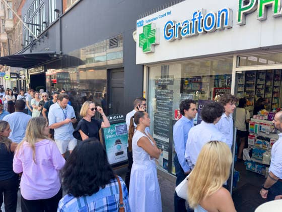 August 12, 2026, London, London, UK: London, UK. People queue outside the Grafton Pharmacy on Tottenham Court Road to buy Ã‚Â£8 solar eclipse glasses to view this evenings total solar eclipse. The eclipse will be visible for most of the UK population. London UK  - ZUMAl94_ 20260812_zaf_l94_012 Copyright: xRayxTangx