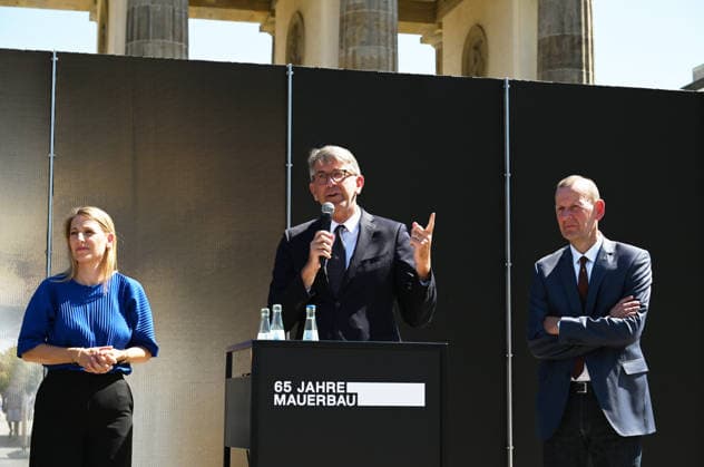 65th Anniversary of the Berlin Wall in Berlin BERLIN, GERMANY – AUGUST 12: Federal Commissioner for Culture and the Media Wolfram Weimer speaks during the opening ceremony of a 30-meter-long temporary memorial installation and the open-air exhibition Views of the Wall: Berlin 1961–1990, marking the 65th anniversary of the construction of the Berlin Wall, near the Brandenburg Gate in Berlin, Germany, on August 12, 2026. Volodymyr Sindieiev Anadolu Berlin Germany. Editorial use only. Please get in touch for any other usage.  Copyright: x2026xAnadoluxVolodymyrxSindieievx