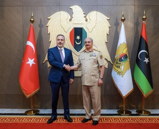 Turkish Foreign Minister Hakan Fidan in Libya BENGHAZI, LIBYA - AUGUST 12: (----EDITORIAL USE ONLY MANDATORY CREDIT - TURKISH FOREIGN MINISTRY HANDOUT - NO MARKETING NO ADVERTISING CAMPAIGNS - DISTRIBUTED AS A SERVICE TO CLIENTS----) Turkish Foreign Minister Hakan Fidan meets with Khalifa Haftar, Commander of the Libyan National Army, during his visit to Benghazi, Libya on August 12, 2026. Turkish Foreign Ministry Handout Anadolu Benghazi Libya. Editorial use only. Please get in touch for any other usage.  Copyright: x2026xAnadoluxTurkishxForeignxMinistryx xHandoutx