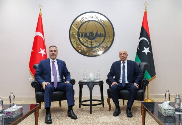 Turkish Foreign Minister Hakan Fidan in Libya BENGHAZI, LIBYA - AUGUST 12: (----EDITORIAL USE ONLY MANDATORY CREDIT - TURKISH FOREIGN MINISTRY HANDOUT - NO MARKETING NO ADVERTISING CAMPAIGNS - DISTRIBUTED AS A SERVICE TO CLIENTS----) Turkish Foreign Minister Hakan Fidan meets with Speaker of the House of Representatives of Libya Aguila Saleh Issa during his visit to Benghazi, Libya on August 12, 2026. Turkish Foreign Ministry Handout Anadolu Benghazi Libya. Editorial use only. Please get in touch for any other usage.  Copyright: x2026xAnadoluxTurkishxForeignxMinistryx xHandoutx