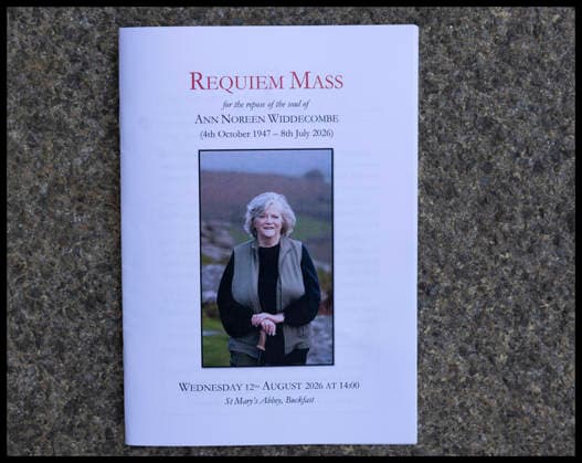 . 12 08 2026. Buckfast, United Kingdom. Order of Service for the funeral of Ann Widdecombe at Buckfast Abbey in Buckfast, United Kingdom.  xStephenxLockx xi-Imagesx IIM-26942-0016