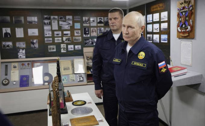 August 12, 2026, Korsakov, Sakhalin Oblast, Russia: Russian President Vladimir Putin, right, alongside Pacific Fleet Commander-in-Chief Admiral Viktor Liina, left, is given a tour of the Russian Navy Slava-class missile cruiser RF Varyag, August 12, 2026 in Korsakov, Sakhalin Oblast, Russia. Putin is visiting the remote island in the Russian Far East to view the Pacific Fleet naval exercises. Korsakov Russia - ZUMAp138 20260812_zaa_p138_008 Copyright: xGavriilxGrigorov RussianxGovernmx