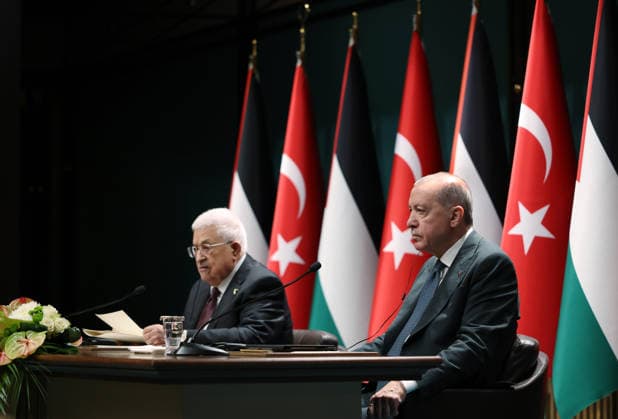 Recep Tayyip Erdogan - Mahmoud Abbas meeting in Ankara ANKARA, TURKIYE - AUGUST 12: (----EDITORIAL USE ONLY - MANDATORY CREDIT - TURKISH PRESIDENCY MURAT CETINMUHURDAR HANDOUT - NO MARKETING NO ADVERTISING CAMPAIGNS - DISTRIBUTED AS A SERVICE TO CLIENTS----) Turkish President Recep Tayyip Erdogan (R) holds a joint press conference with Palestinian President Mahmoud Abbas (L) after their meeting at the Presidential Complex in Ankara, Turkiye on August 12, 2026. TUR Presidency Murat Cetinmuhurdar Anadolu Ankara Turkey. Editorial use only. Please get in touch for any other usage.  Copyright: x2026xAnadoluxTURxPresidency xMuratxCetinmuhurdarx