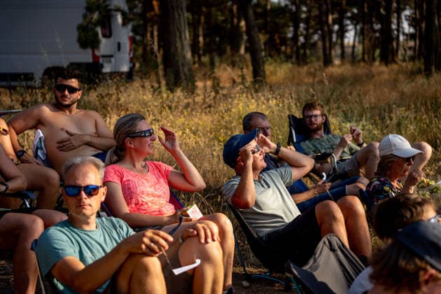 Burgos Observes the 2026 Total Solar Eclipse A group of people during the 2026 total solar eclipse, on August 12, 2026, in Burgos, Castile and León, Spain. This is the first total solar eclipse visible from the Iberian Peninsula in over a century. The path of totality crosses Spain from west to east and passes through numerous provincial capitals, from which observers will be able to witness the first event of the so-called trio of eclipses, since on August 2, 2027, another total eclipse will cross Spain, and on January 26, 2028, an annular eclipse will occur in Spain  Copyright: xGabrielxLuengasx 7711467