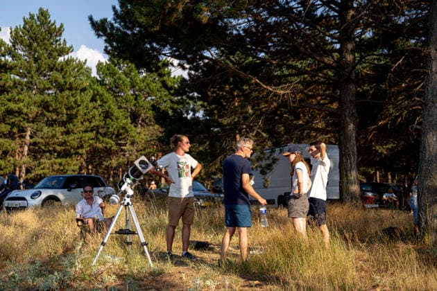 Burgos Observes the 2026 Total Solar Eclipse A group of people during the 2026 total solar eclipse, on August 12, 2026, in Burgos, Castile and León, Spain. This is the first total solar eclipse visible from the Iberian Peninsula in over a century. The path of totality crosses Spain from west to east and passes through numerous provincial capitals, from which observers will be able to witness the first event of the so-called trio of eclipses, since on August 2, 2027, another total eclipse will cross Spain, and on January 26, 2028, an annular eclipse will occur in Spain  Copyright: xGabrielxLuengasx 7711470