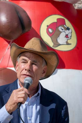 August 12, 2026, San Marcos, Tx, United States: Texas Governor GREG ABBOTT dons a cowboy hat as he speaks during the opening of another 76,000 square foot Buc-ee s convenience store in San Marcos, Texas on August 12, 2026. The store features beaver-themed merchandise, lots of food choices and 124 gas pumps. San Marcos United States - ZUMAd150 20260812_znp_d150_010 Copyright: xBobxDaemmrichx