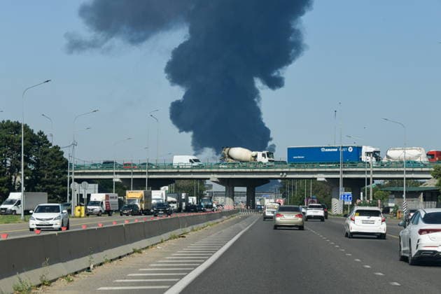 RUSSIA, KRASNODAR REGION - AUGUST 12, 2026: Smoke billows over a warehouse storing plastic products, hit by fire in the village of Lenina, southeast of Krasnodar. The fire covering an area of 2.2 thousand sq m has been contained. Roman Sokolov TASS  96069785