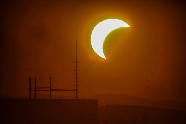 Partial Solar Eclipse in Hungary This image shows a partial solar eclipse captured in Hungary, Sopron. The moon will cover about 86% of the sun during this solar eclipse. Zsombor Toth Sopron Gyor-Moson-Sopron Hungary Copyright: xZsomborxTothx