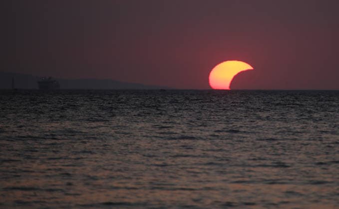 Solar eclipse in Croatia The moon partially covers the sun over the sea during a solar eclipse in Vela Luka , Croatia, August 12, 2026  IgorxSoban PIXSELL