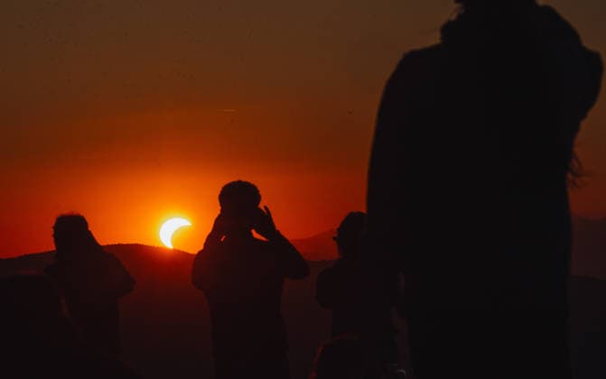 Solar eclipse viewed from Slovakia KOJSOV, SLOVAKIA - AUGUST 12: People gather to view the total eclipse of the Sun on August 12, 2026 near Kojsov, Slovakia. Millions of people have flocked to areas where the eclipse was visible. During the event, the moon passed in between the Sun and the Earth, appearing to partially block the sun. Robert Nemeti Anadolu Kojsov Slovakia. Editorial use only. Please get in touch for any other usage.  Copyright: x2026xAnadoluxRobertxNemetix