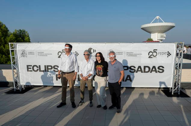 The Yebes Guadalajara Observatory will serve as the official observation site for the 2026 total solar eclipse. The Minister of Digital Transformation and Public Administration, Óscar López; the Minister of the Interior, Fernando Grande Marlaska; the Minister of Science, Innovation, and Universities, Diana Morant; and the Minister of Territorial Policy and Democratic Memory, Ángel Víctor Torres, during the official viewing of the total solar eclipse on August 12, 2026, at the Yebes Observatory in Yebes, Guadalajara, Castilla-La Mancha, Spain. This is the first total solar eclipse visible from the Iberian Peninsula in over a century. The path of totality crosses Spain from west to east and passes through numerous provincial capitals, from w  Copyright: xAlbertoxOrtegax 7711748