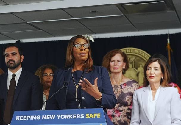 New York officials make an announcement standing up to federal ICE overreach NEW YORK, UNITED STATES- AUGUST 12, 2026: New York Attorney General Letitia James talks at a press conference to announce new state actions and $7.25 million in emergency legal defense funding to counter federal ICE overreach and assist vulnerable immigrant families on Wednesday, August 12, 2026, in New York City, U.S. Selcuk Acar Anadolu New York United States. Editorial use only. Please get in touch for any other usage.  Copyright: x2026xAnadoluxSelcukxAcarx