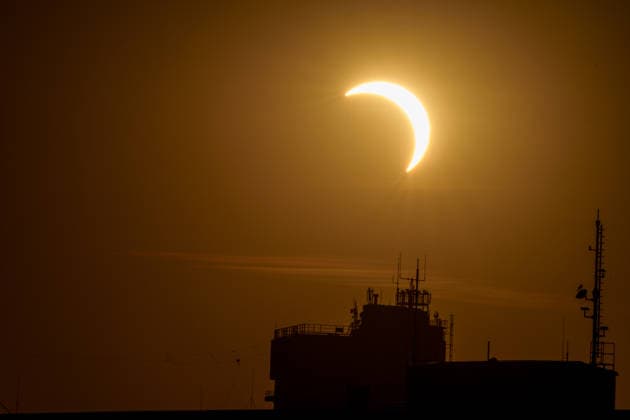 A partial solar eclipse appears over Germany. Germany - Kassel, 12.08.2026 A partial solar eclipse is seen over the rooftops of Kassel as the Moon passes in front of the Sun obscuring up to 89 percent when viewed from a central location in Germany. The total phase of the eclipse is visible only in parts of Greenland, Iceland and Spain, while Germany remains outside the path of totality. Hesse
