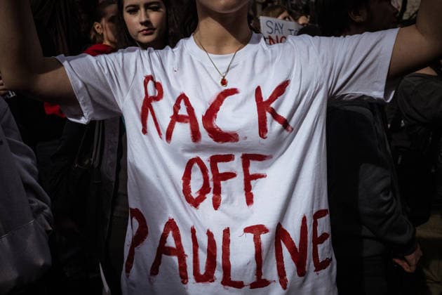 ONE NATION STUDENT PROTEST, An anti Pauline Hanson t-shirt seen during a rally of high school and university students opposed to the policies of Pauline Hanson and One Nation at State Library Victoria in Melbourne, Thursday, August 13, 2026. ( NO ARCHIVING Melbourne Victoria AUSTRALIA  Copyright: xCHRISTOPHERxHOPKINSx 20260813111115544340