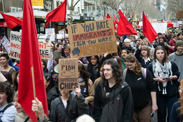 ONE NATION STUDENT PROTEST, High school and university students protesting the policies of Pauline Hanson and One Nation march through the CBD in Melbourne, Thursday, August 13, 2026. ( NO ARCHIVING Melbourne Victoria AUSTRALIA  Copyright: xJAYxKOGLERx 20260813124890329627
