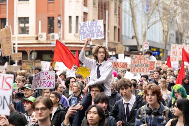 ONE NATION STUDENT PROTEST, Thousands expressed their displeasure at the rise of the One Nation Party during a rally of high school and university students opposed to the policies of Pauline Hanson and One Nation at State Library Victoria in Melbourne, Thursday, August 13, 2026. ( NO ARCHIVING Melbourne Victoria AUSTRALIA  Copyright: xCHRISTOPHERxHOPKINSx 20260813159484914310
