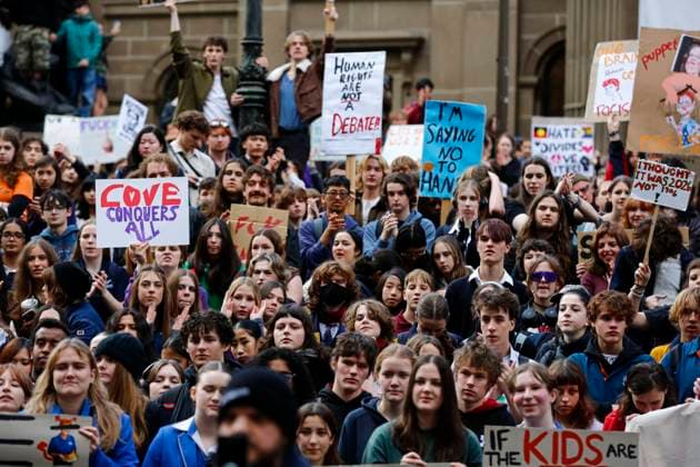 August 13, 2026, Melbourne, Victoria State, Australia: Protesters hold placards during the rally..Thousands of university and high school students marched through MelbourneÃ¢â‚¬â ¢s CBD as part of a nationwide student protest against Pauline Hanson and One Nation. Organisers said the action was aimed at opposing the partyÃ¢â‚¬â ¢s policies and political views and raising concerns about the growing support for One Nation. The protest comes as One Nation campaigns in Victoria ahead of the 2026 Victorian state election, with Hanson leading the partyÃ¢â‚¬â ¢s campaign. Melbourne Australia - ZUMAs197 20260813_aaa_s197_023 Copyright: xYexMyoxKhantx