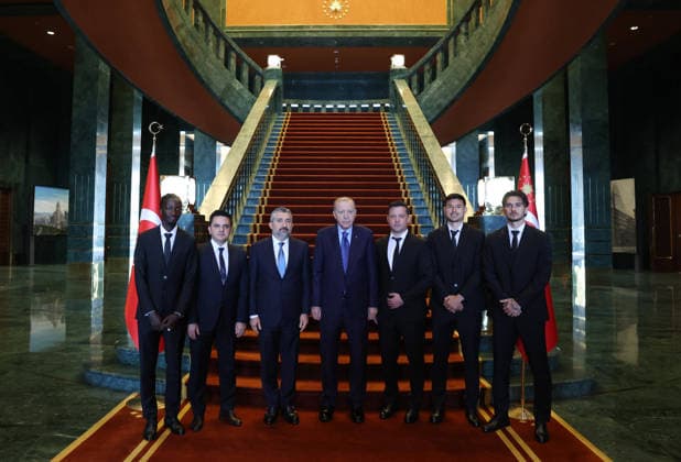 Turkish President Recep Tayyip Erdogan ANKARA, TURKIYE - AUGUST 13: (----EDITORIAL USE ONLY - MANDATORY CREDIT - TURKISH PRESIDENCY MURAT KULA HANDOUT - NO MARKETING NO ADVERTISING CAMPAIGNS - DISTRIBUTED AS A SERVICE TO CLIENTS----) Turkish President Recep Tayyip Erdogan receives management, coaching staff, and players of the teams that have been promoted to the Turkish Super Lig in Ankara, Turkiye on August 13, 2026. TUR Presidency Murat Kula Anadolu Ankara Turkey. Editorial use only. Please get in touch for any other usage.  Copyright: x2026xAnadoluxTURxPresidencyx xMuratxKulax