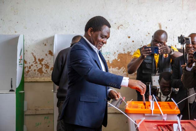 (260813) -- LUSAKA, Aug. 13, 2026 -- Incumbent Zambian President Hakainde Hichilema casts his vote at a polling station in Lusaka, Zambia, on Aug. 13, 2026. Zambian voters turned out in large numbers on Thursday to cast their ballots in the general elections amid a largely peaceful atmosphere. (Photo by Xinhua) ZAMBIA-LUSAKA-ELECTION-VOTE MartinxMbangweta 