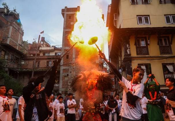 Traditional Lakhe Dance Marks Gathamuga Festival in Patan PATAN, NEPAL AUGUST 13, 2026: Performers stage the traditional Mi Pwa Lakhe (fire-blowing Lakhe dance) in Saugal, Patan, during cultural celebrations marking the Gathamuga festival. The annual festival features traditional rituals and performances as local communities celebrate one of the Kathmandu Valley™s longstanding Newar cultural traditions. lalitpur Nepal Copyright: x xShankarxBhujelx xJNAxPressx
