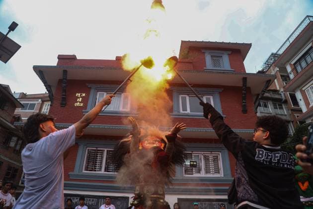 Traditional Lakhe Dance Marks Gathamuga Festival in Patan PATAN, NEPAL AUGUST 13, 2026: Performers stage the traditional Mi Pwa Lakhe (fire-blowing Lakhe dance) in Saugal, Patan, during cultural celebrations marking the Gathamuga festival. The annual festival features traditional rituals and performances as local communities celebrate one of the Kathmandu Valley™s longstanding Newar cultural traditions. lalitpur Nepal Copyright: x xShankarxBhujelx xJNAxPressx