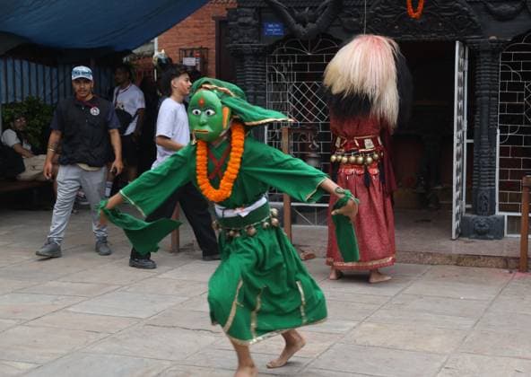 Traditional Lakhe Dance Marks Gathamuga Festival in Patan PATAN, NEPAL AUGUST 13, 2026: Performers stage the traditional Mi Pwa Lakhe (fire-blowing Lakhe dance) in Saugal, Patan, during cultural celebrations marking the Gathamuga festival. The annual festival features traditional rituals and performances as local communities celebrate one of the Kathmandu Valley™s longstanding Newar cultural traditions. lalitpur Nepal Copyright: x xShankarxBhujelx xJNAxPressx