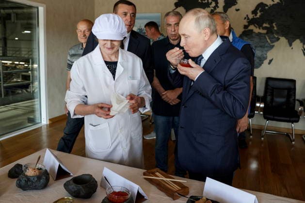 August 13, 2026, Sakhalin Region, Russia: Sakhalin Region Governor VALERY LIMARENKO (L middle), and President of Russia VLADIMIR PUTIN (R front), taste caviar on their visit to the Yasny Clear fish processing plant owned by Gidrostroy and situated on Iturup Island, with ALEXANDER VERKHOVSKY (C), President of Gidrostroy, in the background. Iturup Island Russia  - ZUMAt113 20260813_zaa_t113_049 Copyright: xGavriilxGrigorovx