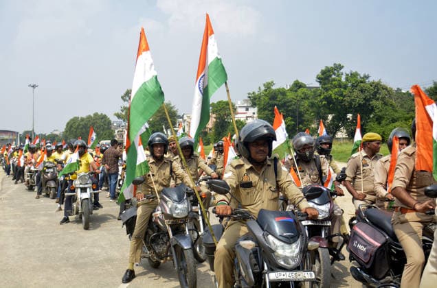 RECORD DATE NOT STATED GHAZIABAD, INDIA - AUGUST 13: Ghaziabad Police personnel during a Tiranga bike rally organised by the district administration along with Civil Defence and Uttar Pradesh Police as part of the nationwide Har Ghar Tiranga campaign ahead of 80th Independence Day on August 13, 2026 in Ghaziabad, India. (Photo by Sakib Ali Hindustan Times) Ghaziabad Police Personnel Take Out Tiranga Bike Rally Ahead Of Independence Day