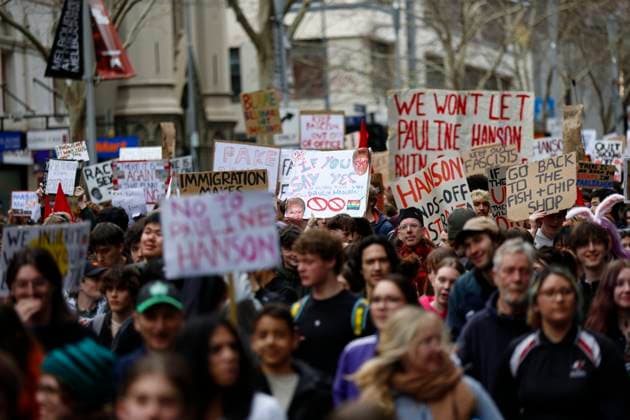 Students Protest Against One Nation in Melbourne, Australia – 13 Aug 2026 Protesters hold placards during the rally. Thousands of university and high school students marched through Melbourne’s CBD as part of a nationwide student protest against Pauline Hanson and One Nation. Organisers said the action was aimed at opposing the party’s policies and political views and raising concerns about the growing support for One Nation. The protest comes as One Nation campaigns in Victoria ahead of the 2026 Victorian state election, with Hanson leading the party’s campaign. Melbourne Australia Copyright: xYexMyoxKhantx xSOPAxImagesx Ye-Myo-Khant-1441836