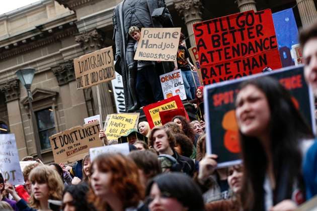 Students Protest Against One Nation in Melbourne, Australia – 13 Aug 2026 Protesters hold placards during the rally. Thousands of university and high school students marched through Melbourne’s CBD as part of a nationwide student protest against Pauline Hanson and One Nation. Organisers said the action was aimed at opposing the party’s policies and political views and raising concerns about the growing support for One Nation. The protest comes as One Nation campaigns in Victoria ahead of the 2026 Victorian state election, with Hanson leading the party’s campaign. Melbourne Australia Copyright: xYexMyoxKhantx xSOPAxImagesx Ye-Myo-Khant-1441831