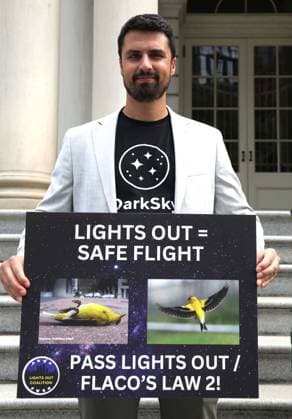 August 13, 2026, New York, New York, USA: A supporter of the NYC Bird Alliance gathers outside City Hall to demand the passage of Lights Out legislation. The bill, dubbed Flaco s Law, aims to curb commercial night lighting to protect over 250,000 migratory birds from fatal building collisions in New York City annually. New York USA - ZUMAk03_ 20260813_zaf_k03_005 Copyright: xNancyxKaszermanx