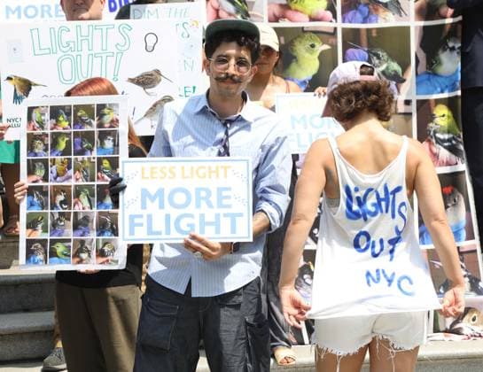 August 13, 2026, New York, New York, USA: Artist CALICHO and members of the NYC Bird Alliance gather outside City Hall to demand the passage of Lights Out legislation. The bill, dubbed Flaco s Law, aims to curb commercial night lighting to protect over 250,000 migratory birds from fatal building collisions in New York City annually. New York USA - ZUMAk03_ 20260813_zaf_k03_043 Copyright: xNancyxKaszermanx