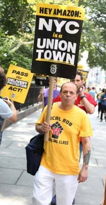 August 13, 2026, New York, New York, USA: Amazon Teamsters and Allies picket outside of City Hall for passage of the Delivery Protection Act. The Delivery Protection Act would require companies like Amazon to hire its workforce directly, essentially making AmazonÃ¢â‚¬â ¢s corrupt third-party Delivery Service Partner model illegal in New York City. New York USA - ZUMAk03_ 20260813_zaf_k03_056 Copyright: xNancyxKaszermanx