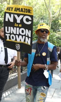 August 13, 2026, New York, New York, USA: Amazon Teamsters and Allies picket outside of City Hall for passage of the Delivery Protection Act. The Delivery Protection Act would require companies like Amazon to hire its workforce directly, essentially making AmazonÃ¢â‚¬â ¢s corrupt third-party Delivery Service Partner model illegal in New York City. New York USA - ZUMAk03_ 20260813_zaf_k03_052 Copyright: xNancyxKaszermanx