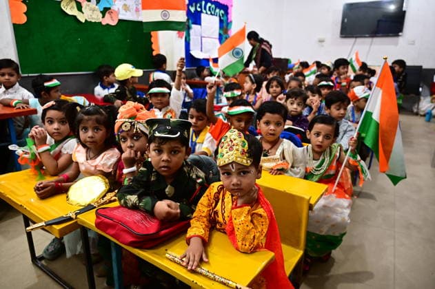 August 14, 2026, Prayagraj, Uttar Pradesh, India: Prayagraj: Children dressed as freedom fighter attend a class at a school ahead of the 80th Independence Day celebrations, in Prayagraj on Friday, August 14, 2026. Prayagraj India - ZUMAv115 20260814_zap_v115_001 Copyright: xPrabhatxKumarxVermax