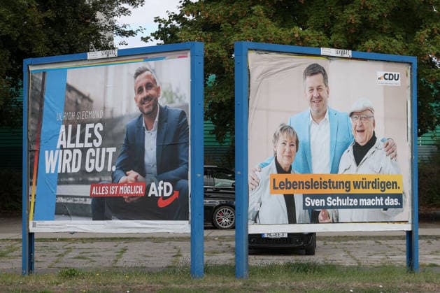 August 7, 2026, Politics, 2026 State Election in Saxony-Anhalt Posters, campaign posters for Ulrich Siegmund of Alternative for Germany (AfD) and Minister President Sven Schulze of the CDU along the B246 in Oschersleben, Oschersleben