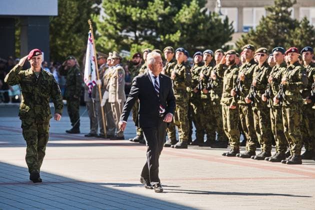 Czech Prime Minister Andrej Babis (ANO) and Czech Defence Minister Jaromir Zuna (for SPD), centre, attend ceremonial military oath of participants in Military Academy basic course (pictured) in Vyskov, Czech Republic, August 14, 2026. (CTKxPhoto PatrikxUhlir) CTKPhotoP2026081403414  CTKPhotoP2026081403414