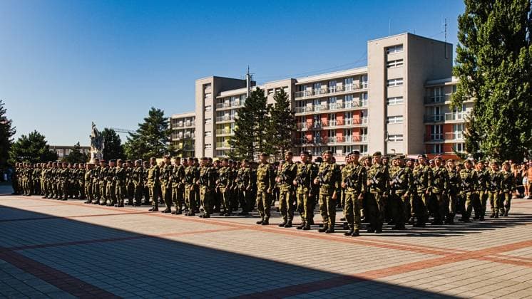 Czech Prime Minister Andrej Babis (ANO) and Czech Defence Minister Jaromir Zuna (for SPD), attend ceremonial military oath of participants in Military Academy basic course (pictured) in Vyskov, Czech Republic, August 14, 2026. (CTKxPhoto PatrikxUhlir) CTKPhotoP2026081403953  CTKPhotoP2026081403953