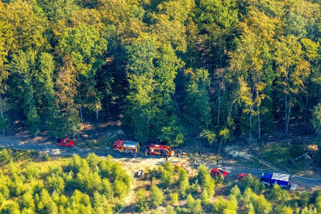Luftbild Arnsberg, gelöschter Waldbrand im Arnsberger Wald bei Delecke, Möhnesee, Feuerwehr, Brandwache, Sauerland, Nordrhein-Westfalen, Deutschland !ACHTUNGxMINDESTHONORARx60xEURO! *** Aerial view of Arnsberg, extinguished forest fire in the Arnsberg Forest near Delecke, Möhnesee, fire department, fire watch, Sauerland, North Rhine-Westphalia, Germany ATTENTION: MINIMUM FEE: 60 EUR