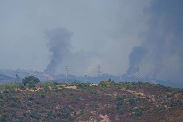 Aznalcóllar Watches with Fear as the Niebla Fire Spreads Images of the Niebla fire spreading in the municipality of Aznalcóllar August 14, 2026, in Aznalcóllar, Seville, Andalusia, Spain The Niebla fire in Huelva, which has been burning since August 6 and has affected more than 31,000 hectares, has entered the municipality of Aznalcóllar, Seville, via the Charcofrío area. This Friday, the situation worsened in the area; the fire crossed the road toward El Álamo and reached El Campillo and Madronalejo. August 14, 2026. Francisco J. Aznalcollar, Seville, Andalusia; Aznalcóllar, Seville, Andalusia, Spain  Copyright: xFranciscoxJ.xOlmox 7714166