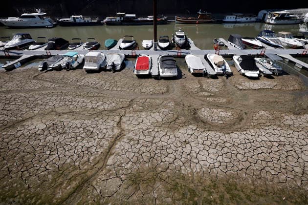 Bei ausbleibenden Regen ist der historisch niedrige Wasserstand des Rheins in NRW noch weiter gefallen. In Köln ist am Donnerstag (13. August) ein Wert on 49 Zentimetern gemessen worden. Der Rheinpegel ist in Köln damit auf einem Rekordtief. Viele Rheinwiesen sind verdorrt und versteppt und der sonst so stolze Fluss hat sich tief in sein Bett zurückgezogen, gibt den Blick auf trockene Ufer wie hier im Rheinauhafen frei. (Themenbild, Symbolbild) Köln, 14.08.2026 NRW Deutschland *** With no rain in sight, the historically low water level of the Rhine in North Rhine-Westphalia has fallen even further. In Cologne, a level of 49 centimeters was measured on Thursday, August 13. The Rhine’s water level in Cologne has thus reached a record low. Copyright: xChristophxHardtx