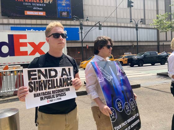 Rally against biometric surveillance Organized by Fight for the Future and other groups, advocates rally outside of Madison Square Garden in New York on Friday, August 14, 2026 to call for the termination of biometric surveillance in places of public accommodation such as Madison Square Garden. The Ban The Scan, Int. 213, introduced by Council Member Shahana Hanif will ban the use of biometric surveillance. (  FrancesxM.xRoberts