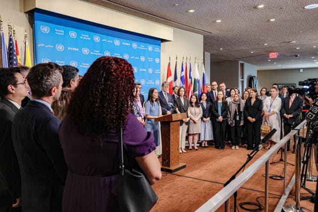 August 14, 2026, New York, New York, United States: Ambassador CHRISTINA MARKUS LASSEN, Permanent Representative of Denmark to the United Nations, speaks on behalf of 56 countries during a joint media stakeout at United Nations Headquarters marking five years since the Taliban returned to power in Afghanistan and addressing the situation of Afghan women and girls. The statement comes ahead of the fifth anniversary of the Taliban takeover on August 15, 2021, amid continued restrictions on womenÃ¢â‚¬â ¢s and girlsÃ¢â‚¬â ¢ education, employment and participation in public life. New York United States  - ZUMAo116 20260814_znp_o116_004 Copyright: xBiancaxOterox